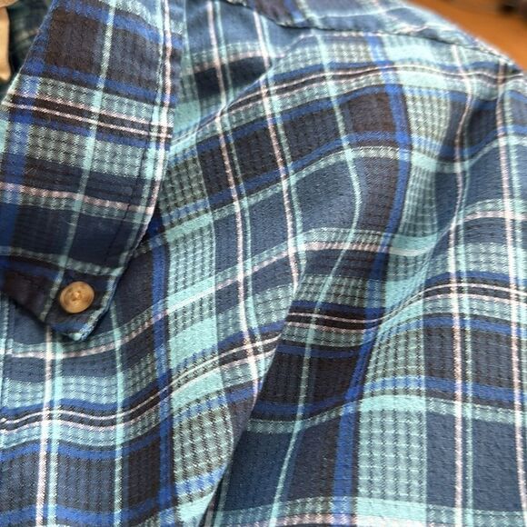 Duluth Trading Co shades of blue plaid button down shirt. Roll tab sleeves. XL. - Picture 11 of 11